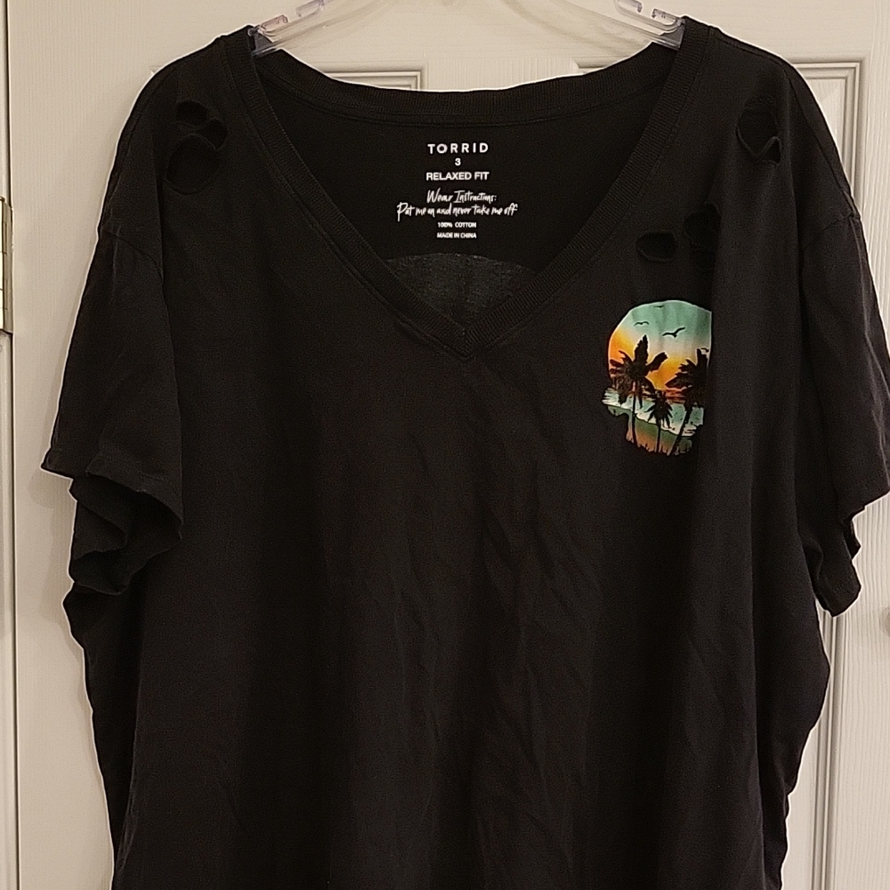 Torrid Black Distressed Tee with Tropical Skull Sunset